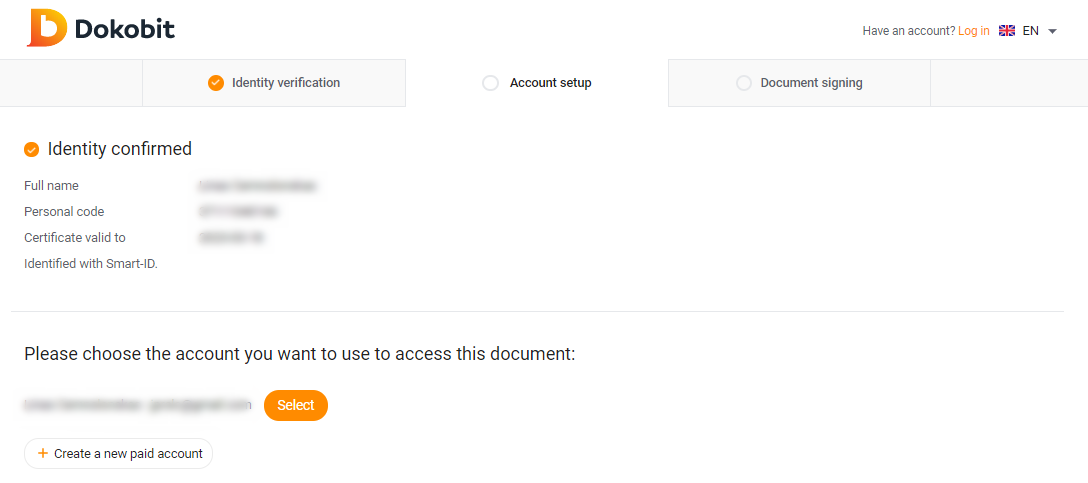 Account selection in the Dokobit system