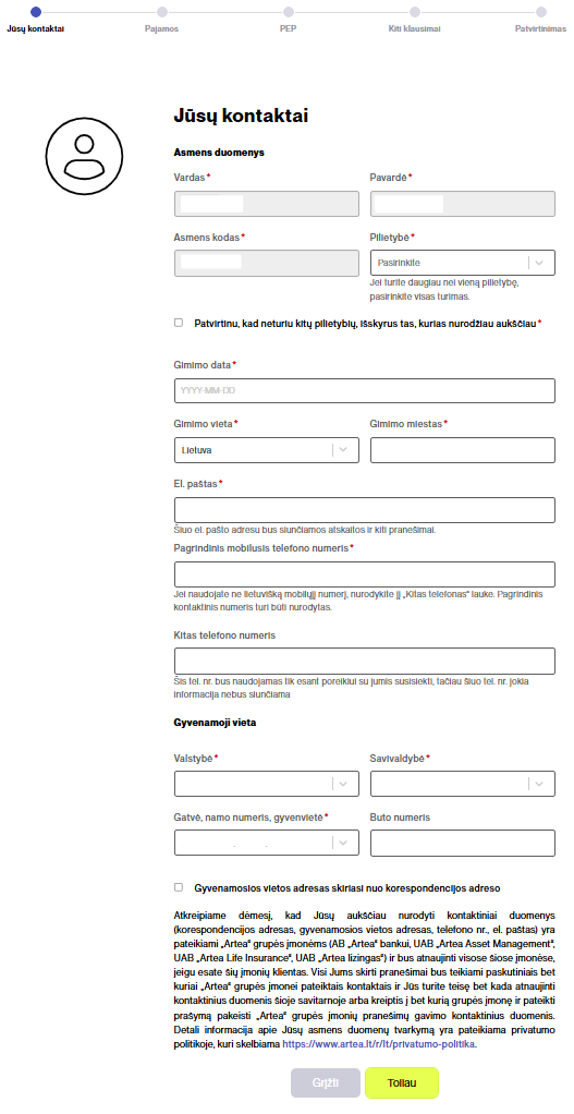 Laukeliai, skirti suvesti kontaktinius duomenis