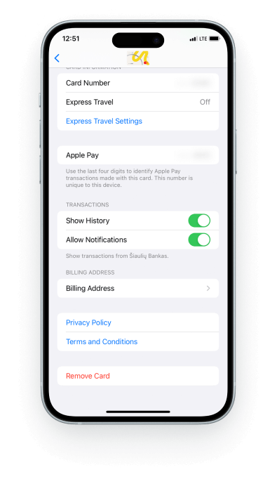 Apple Pay nustatymai