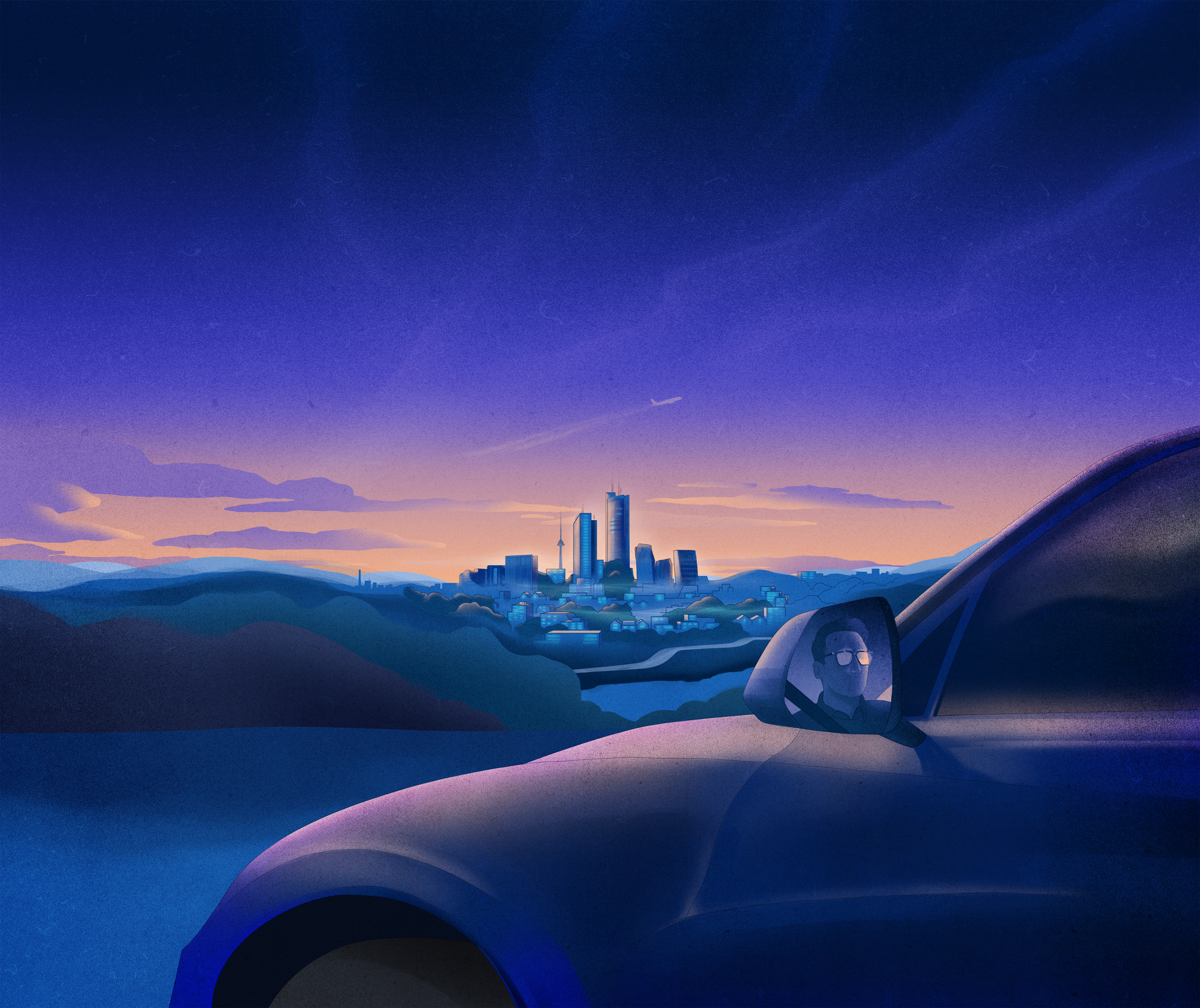 Futuristinė iliustracija su automobiliu pirmame plane, žmogus matomas galinio vaizdo veidrodyje, o fone – Vilniaus miestas.