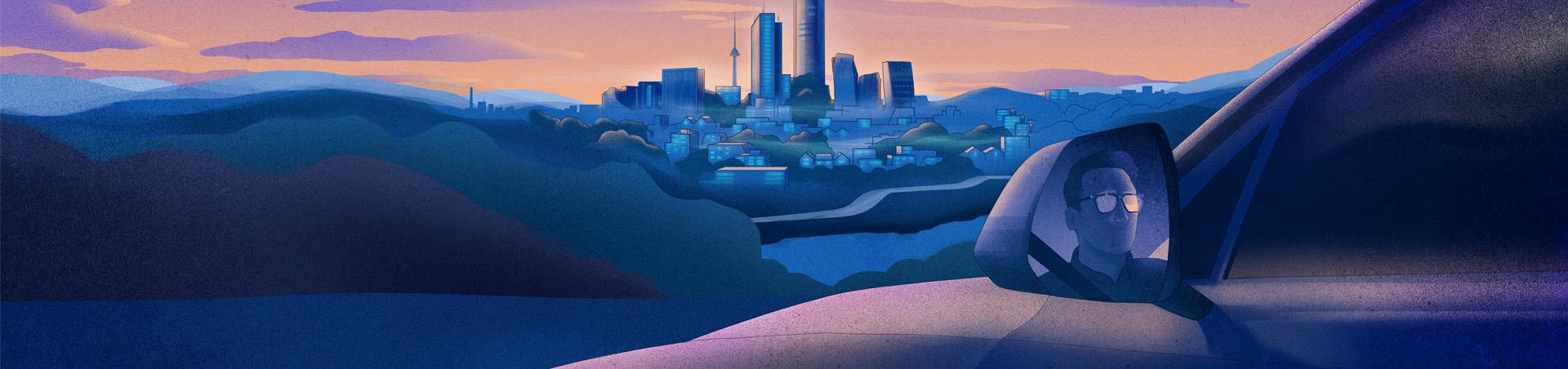 Futuristic illustration with a car in the foreground, a person visible in the rear-view mirror, and Vilnius city in the background.