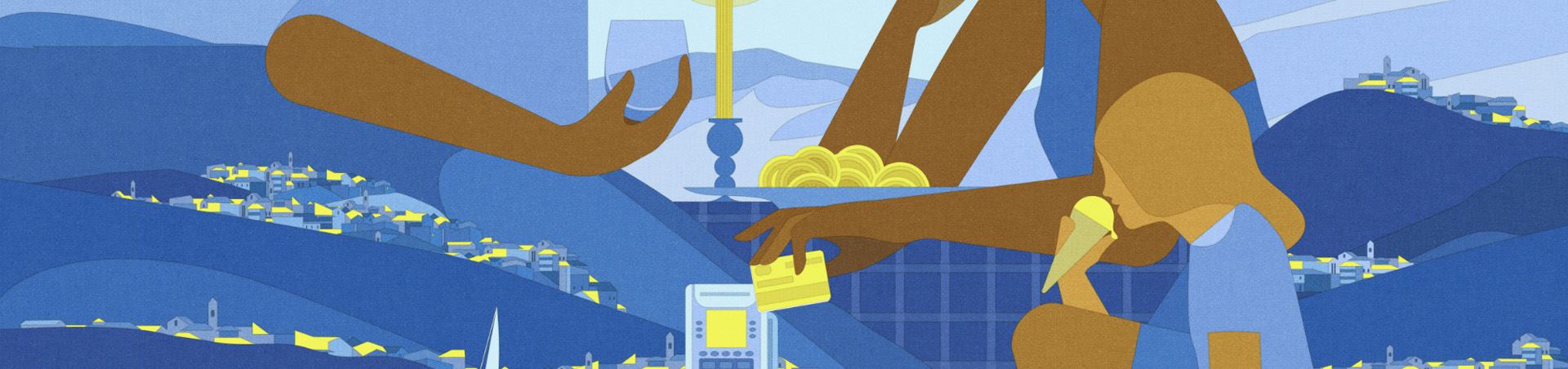 A drawn illustration with silhouettes of people: a girl eating ice cream, one hand is holding a glass, another payment card