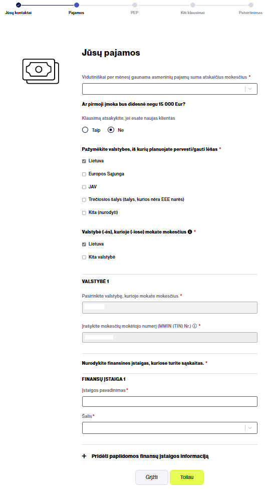 Informacijos apie pajamas pateikimas