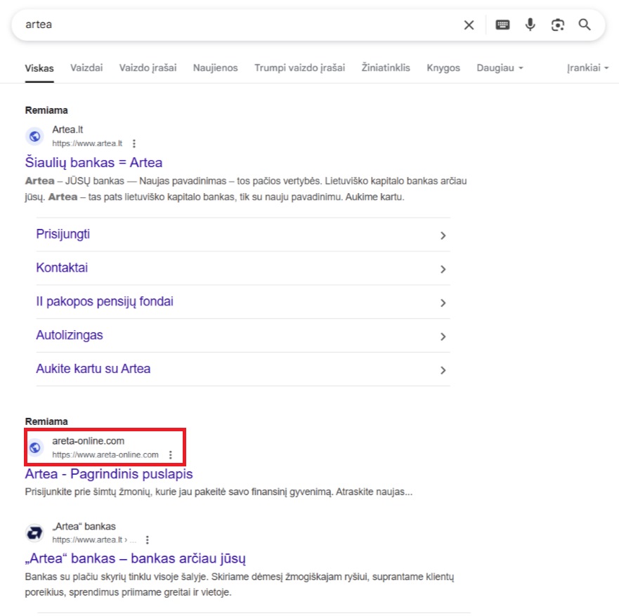 Sukčiai, prisidengę Artea vardu Google paieškoje.
