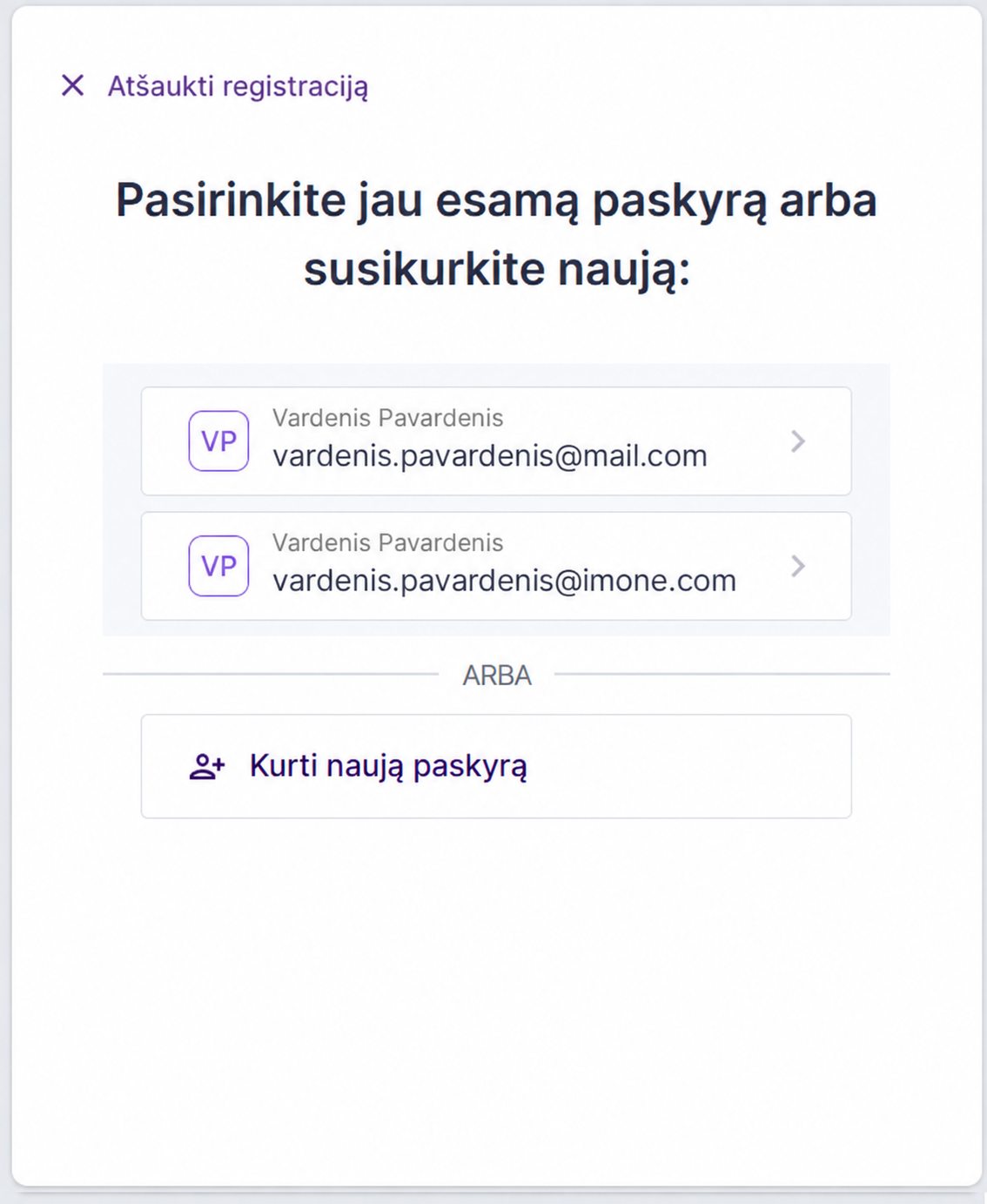 Paskyros pasirinkimas Dokobit