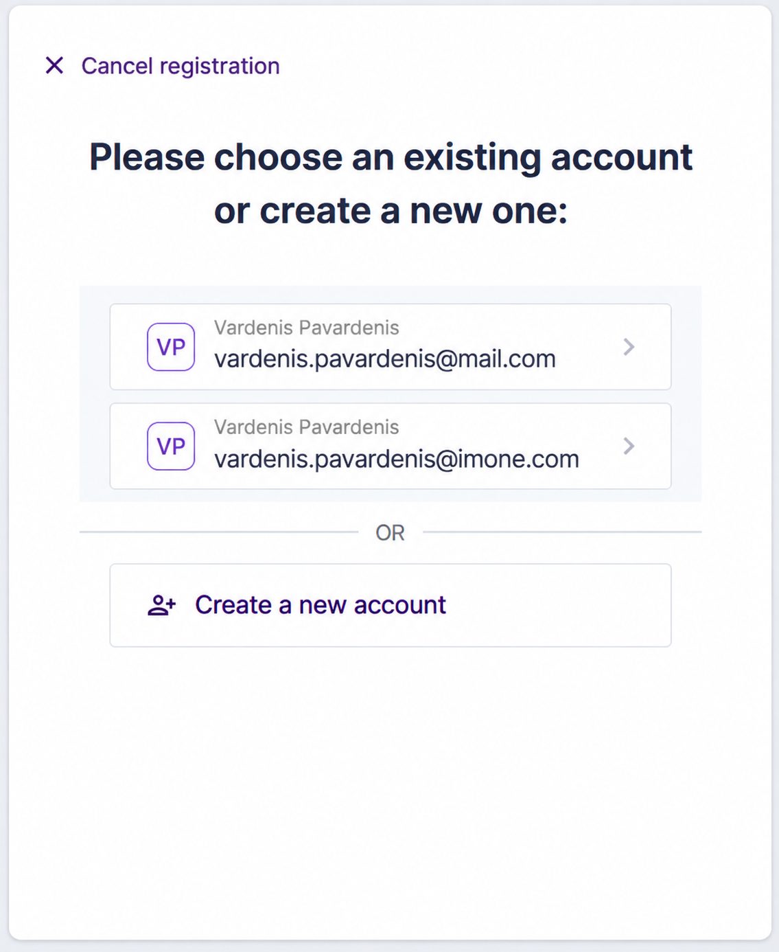 Account selection in the Dokobit system