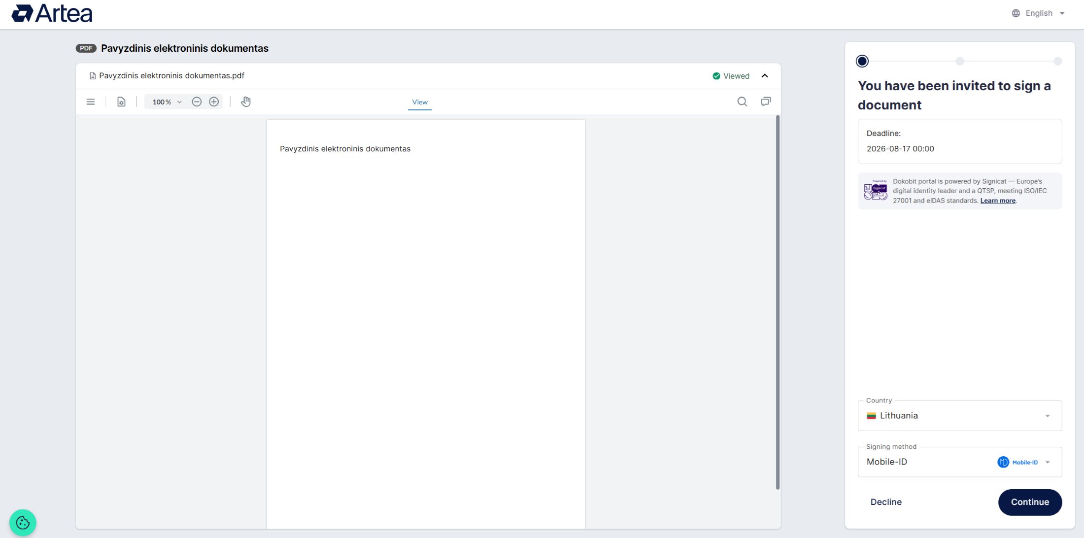 Document list in the Dokobit