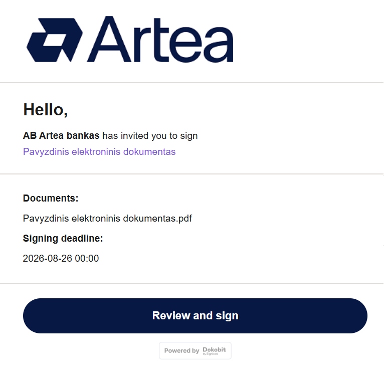 Invitation to sign a document via Dokobit